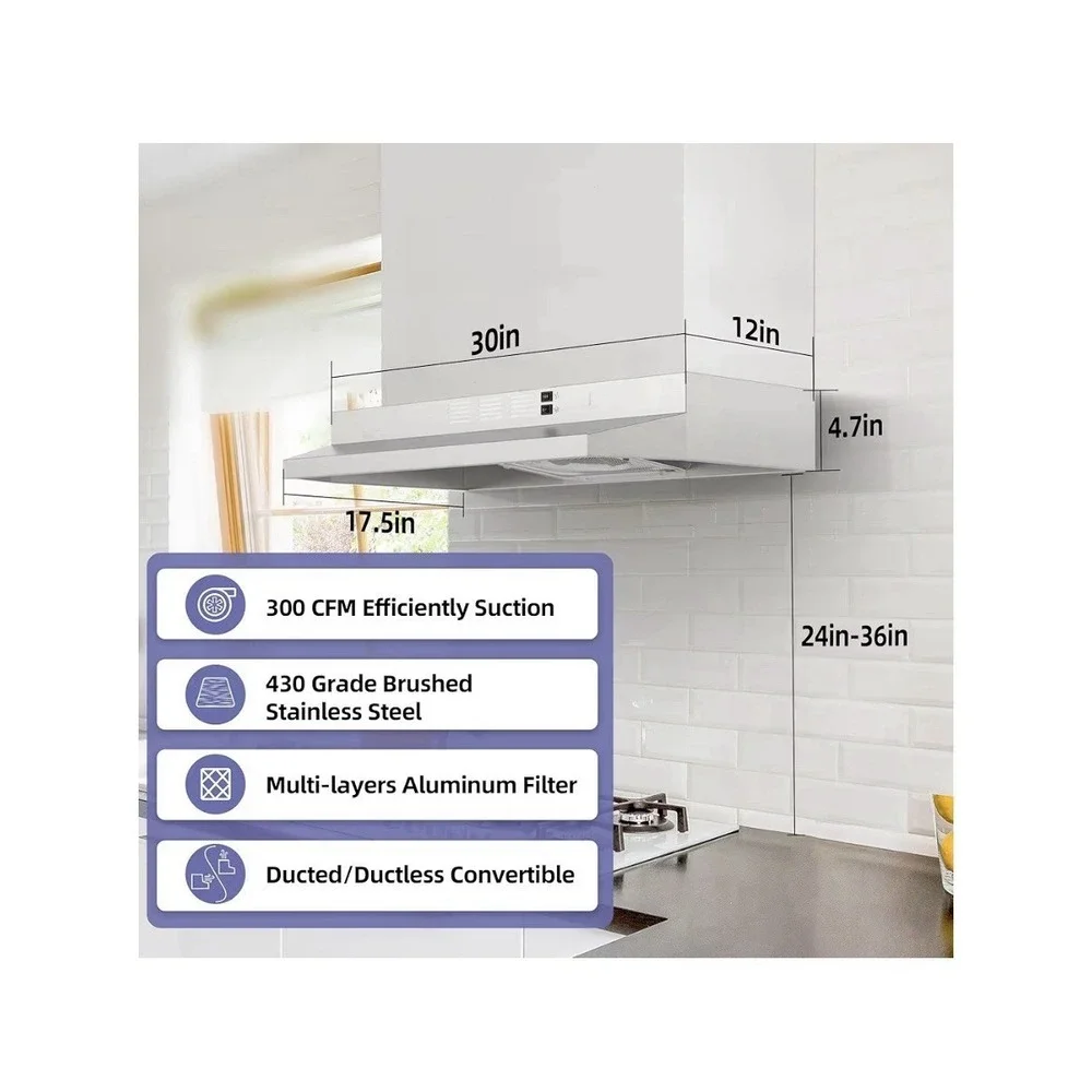 FIREGAS‎ 30 Inch Under Cabinet Range Hood Stainless Steel 300 CFM 2 Speed